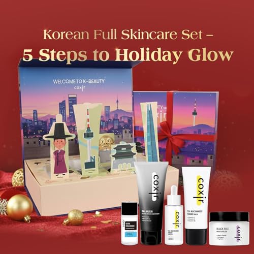 [New Years Gift Set] coxir K-Beauty Seoul Glow Set ? 5-Step Korean Skincare Routine with TXA & Black Rice ? Cleansing oil, Mask Cleanser, Ampoule, Balm & Moisturizer,korean skincare,Holiday Gift