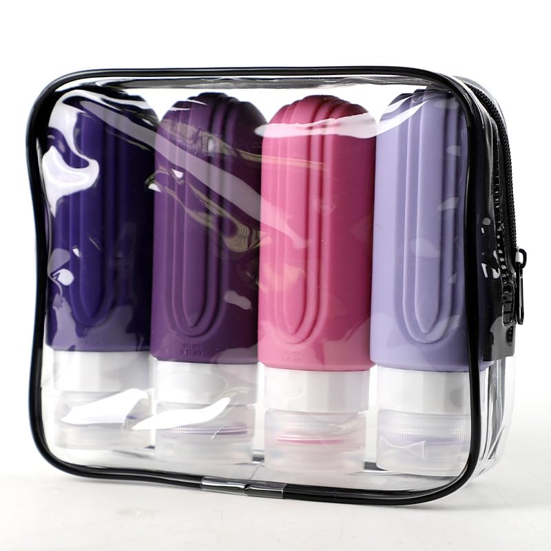 4pcs/Set Travel Bottles for Toiletries, 3oz Refillable Travel Size Containers, Leak Proof Silicone Squeezable Containers, Portable Essentials for Toiletries Shampoo Lotion - Purple