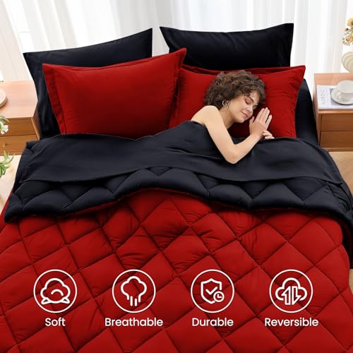Oversized King Reversible Comforter Set 7-Piece Bed in a Bag - Red & Black, 120x98