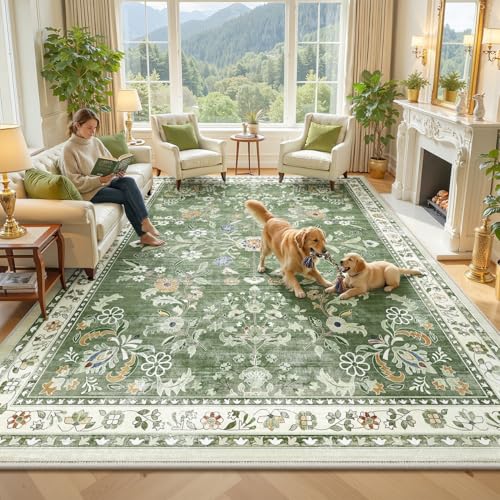 Sage Green Washable Floral Area Rug 8x10 for Living Room - Yamaziot