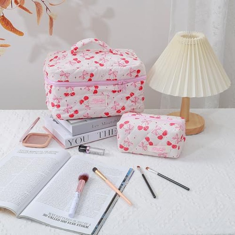 3-Piece Quilted Makeup Bag, Large Cute Coquette Pink Makeup Bag Set, Aesthetic Cosmetic Bags for Women, Travel Toiletry Bag Organizer with Zipper (Cherry Bow)