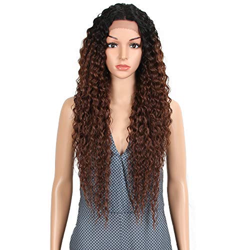 Long Curly Wavy Lace Front Wig for Black Women - Ombre Brown 28 Inch Synthetic Hair