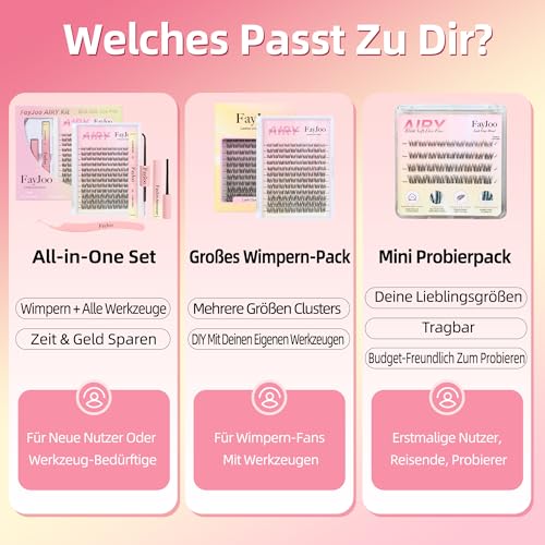 Natural Wispy Lash Clusters Kit, C Curl Soft Individual Lashes 8-16mm, DIY Eyelash Extensions with 0.05mm Thin Invisible Band, DIY Salon Kit with Bond Seal Remover Tweezer, FayJoo AIRY 12 Kit