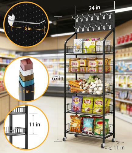 Black 5-Tier Candy Display Rack with Lockable Wheels & Hooks