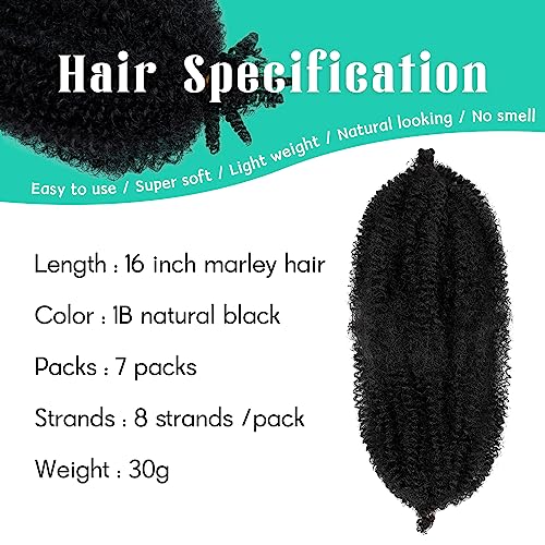 GOWIT 16 Inch Black Marley Twist Braiding Hair - 7 Packs, Soft & Pre-Stretched