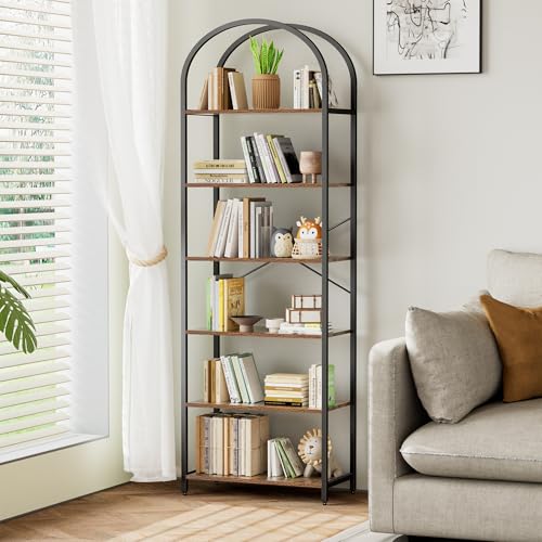 Homhedy 6-Tier Arched Bookshelf - 23.6W Tall Rustic Book Storage Rack