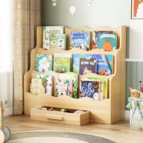 29.6-Inch Montessori Kids Bookshelf with Drawer, 3-Tier Scalloped Design for Nursery & Playroom