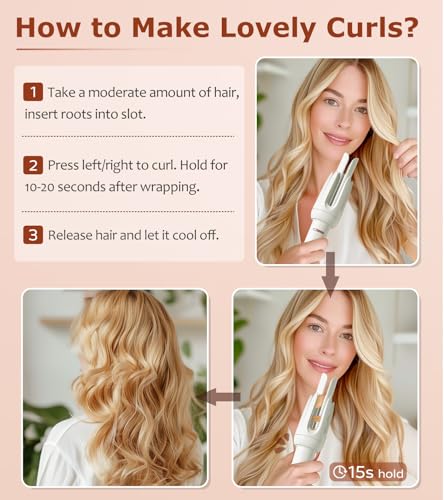 Automatic Hair Curler with 4 Temp & 3 Timer - White - Safe Rotating Wand