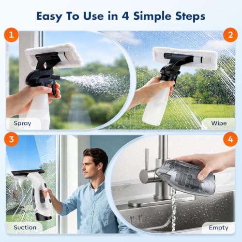 Cordless Window Vacuum Squeegee with Extendable Pole, 2200mAh Battery, 11-Inch Silicone Blade