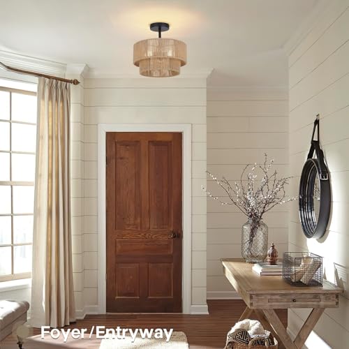 Boho Coastal Hemp Rope Ceiling Light Fixture - Rustic Rattan Semi Flush Mount, 3-Light