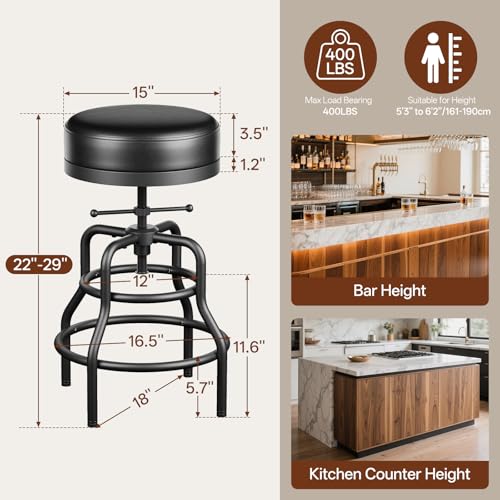 Adjustable Height Industrial Swivel Bar Stool - 22 to 29 Inch, Leather Cushion