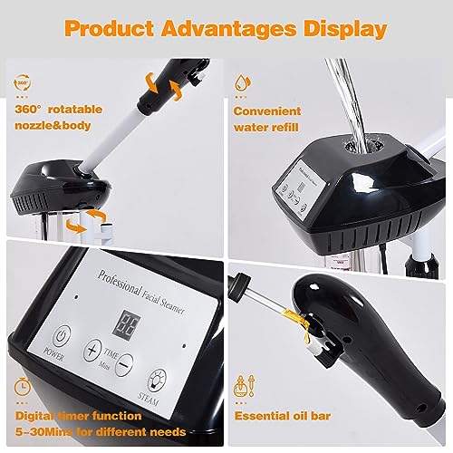 Facial Steamer Professional on Wheels with Time Setting, Estheticians Steamer with More Steam for Deep Cleansing and Hydration, Face Steamer Adjustable Height for Spa, Salon and Home Use