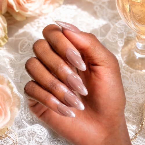 Opal Glow Press On Nails Kit - Medium Almond Cat Eye French Tip Nude Pink Shimmer, Reusable Salon Quality with UV Gel, 32 Pieces