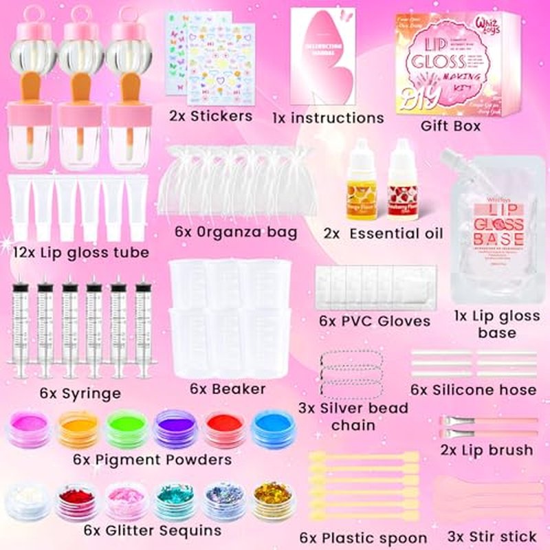 DIY Lip Gloss Making Kit 74Pcs Beginner Make Your Own Makeup Kit with Squeeze Empty Tubes,Clear Base,Pigment,Birthday, Christmas Gift for Women