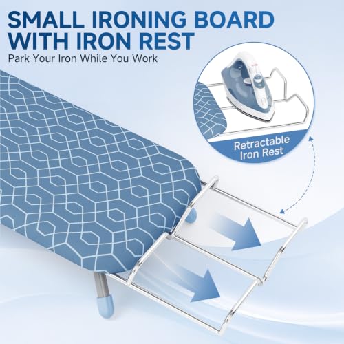 Small Ironing Board with Iron Rest & Holder - Blue, Foldable Compact Design
