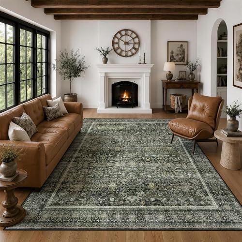 Neigeluo 8x10 Green Area Rug - Washable Vintage Persian Design, Non-Slip Indoor Carpet for Living Room & Bedroom