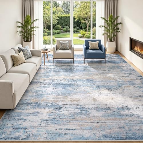 Large Washable 8x10 Area Rug for Living Room & Bedroom Blue Brown - Non Slip