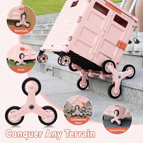 Pink Foldable Utility Cart with Telescopic Handle and 360° Swivel Wheels - Portable Shopping Dolly, Stair-Climbing, Magnetic Lid - PinkPro