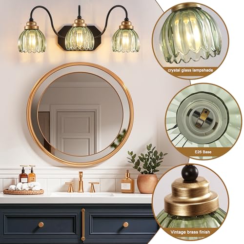 Vintage Green Tulip Crystal Bathroom Light Fixture - 3-Light Farmhouse Style - Variation of Green / 3-Light