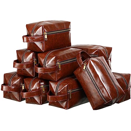 Hillban 10 Pcs Groomsmen Gift Leather Toiletry Bag for Men Travel Shaving Kit Bathroom Bag Make up Cosmetic Proposal Supplies for Wedding Favor Grooming Anniversary Boyfriend Father(Dark Brown)