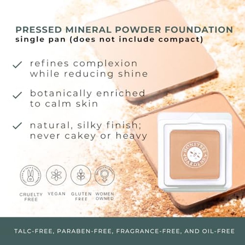 Honeybee Gardens Pressed Mineral Powder Foundation Refill, Montego, Warm Tan Neutral Shade, Adjustable Coverage, Natural Finish, With Botanical Extracts And Vitamin E, 7.5g
