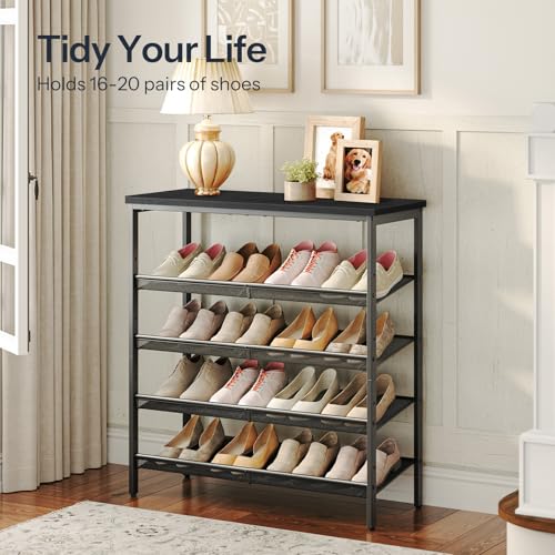 Black 5-Tier Shoe Rack Organizer with Adjustable Mesh Shelves - Entryway Storage
