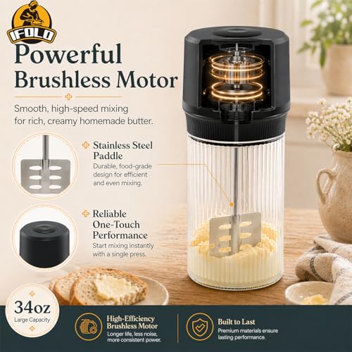 IFOLO Electric Butter Churn Stripes – 34oz One-Touch Homemade Butter Maker