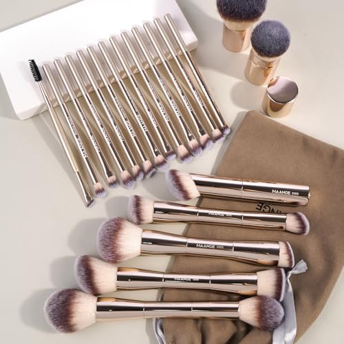 MAANGE 20-Pc Gold Makeup Brush Set – Double-Ended Kabuki & Foundation Tools (Full Set)