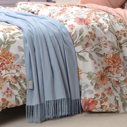Silk Throw Blanket with Hand-Knotted Fringe - Natural Blue, 50 x 65 Inches