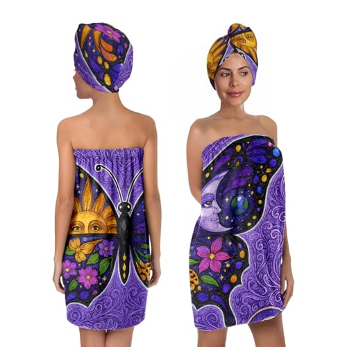 Women's Boho Butterfly Towel Wrap & Hair Drying Cap Set - Celestial Moon Sun Print - Quick Dry Microfiber Spa Wrap - Variation Butterfly 1