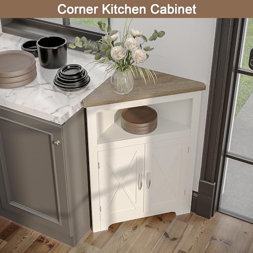 Corner Storage Cabinet with Barn Door Design - Soft White & Brown