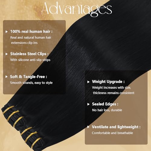 Clip-In Hair Extensions 12 Inches 7 Pieces - Jet Black Human Hair, Soft & Natural