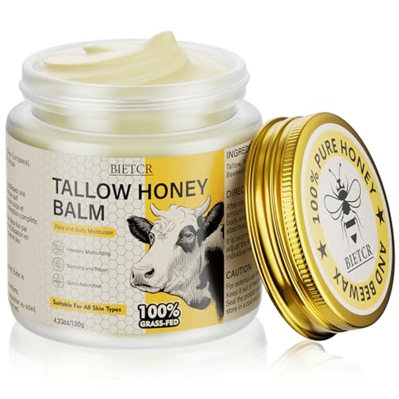 Beef Tallow for Skin,Body,Tallow Face Moisturizer for Eczema,Lip Balm,Whipped tallow honey balm,Organic Grass-Fed,All Natural Body Lotion for Women & Men,Tallow Cream Skincare,Unscented 4.2 OZ