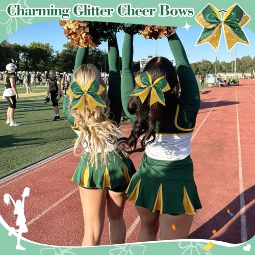 Aileam Glitter Cheer Bows Bulk Set - Green & Gold Rhinestone 8-Inch Cheerleading Hair Accessories for Girls & Teens Variation of A-Glitter Green/Gold+Rhinestone / 8" (6 Pack)