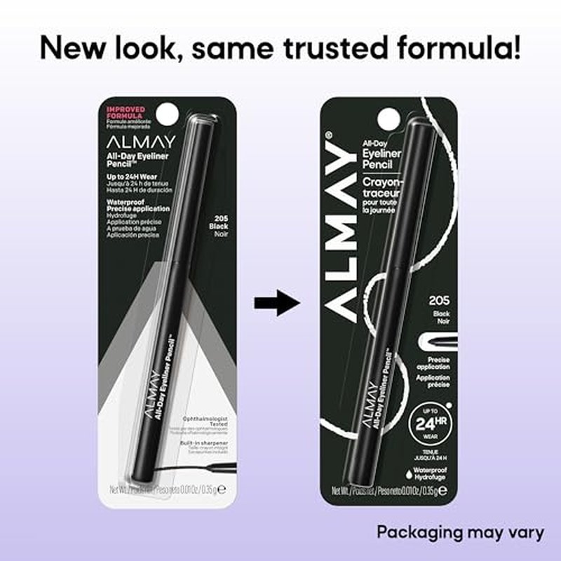 Almay All-Day Eyeliner Pencil, Hypoallergenic, Cruelty-Free, Oil-Free, Fragrance-Free, Ophthalmologist Tested, Long Wearing and Water Resistant (Packaging May Vary), 205 Black, 0.01 oz