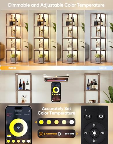 PARTPHONER Glass Display Shelf Floor Lamp with Remote & App Control - Dimmable LED Oak Gray