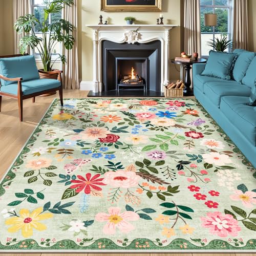 Green 8x10 Floral Area Rug - Washable Boho Living Room Carpet