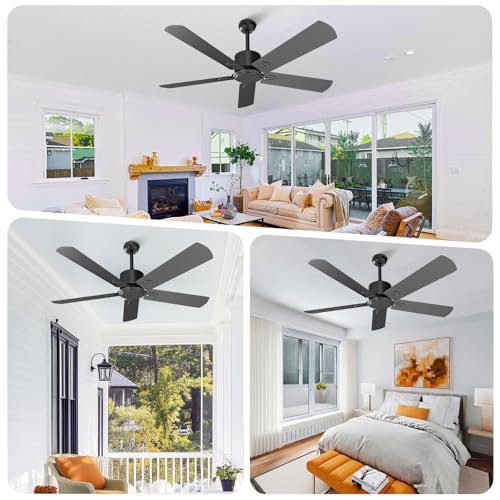 Obabala 52-Inch Black Outdoor Ceiling Fan No Light with Remote, 6-Speed Reversible DC Motor