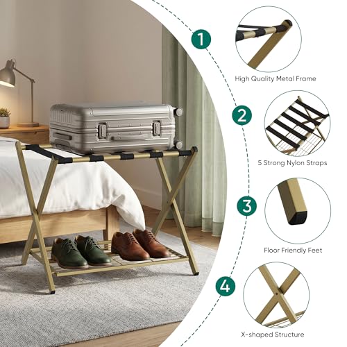 Smuxee Gold 2-Piece Fully Assembled Foldable Luggage Rack Set with 5 Nylon Straps