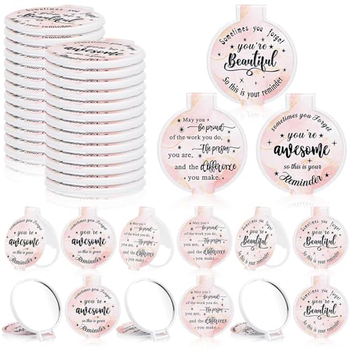 Wenqik 100 Pcs Light Pink Inspirational Mini Compact Mirrors for Purse Women Small Gifts Bulk, Round Makeup Folding Hand Mirrors, Client Guest Gifts Ideas, Women's Day Party Favors for Bridal Wedding