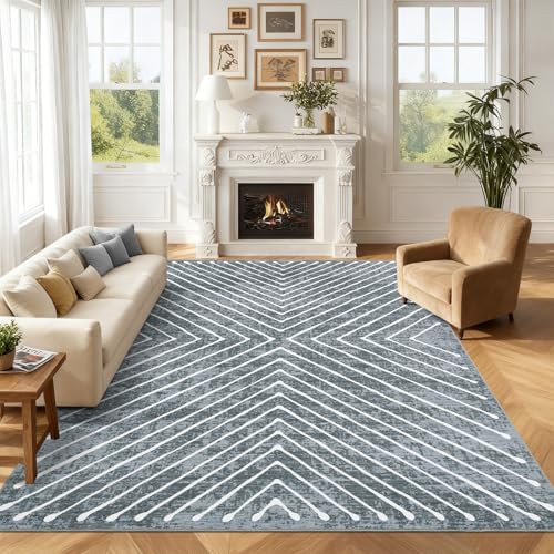 Large 8x10 Geometric Area Rug for Living Room - Non Slip, Washable, Grey
