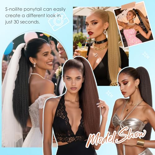S-noilite 24 Inch Long Yaki Straight Ponytail Extension for Black Women Natural Black
