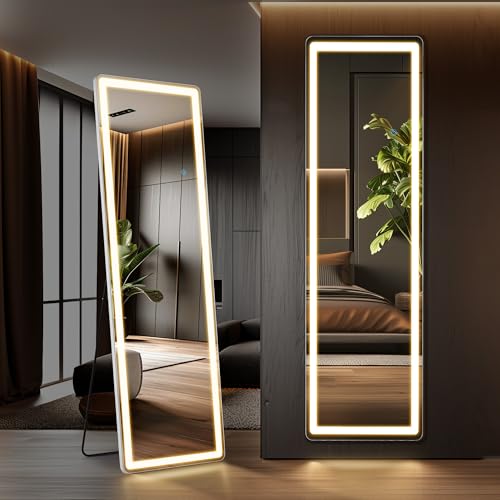 White 16x60 Inch LED Full Length Mirror with Lights - Wall Mount & Stand