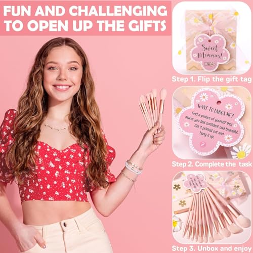 Easter Basket Gifts for Tween & Teen Girls, 8 PCS Birthday Gift Teenage Girl Gifts Trendy Stuff w/Fun Task Tag Makeup Brushes & Bag, Empower Positive Wrapped Gift Prefilled Stuffers for Daughter Niece
