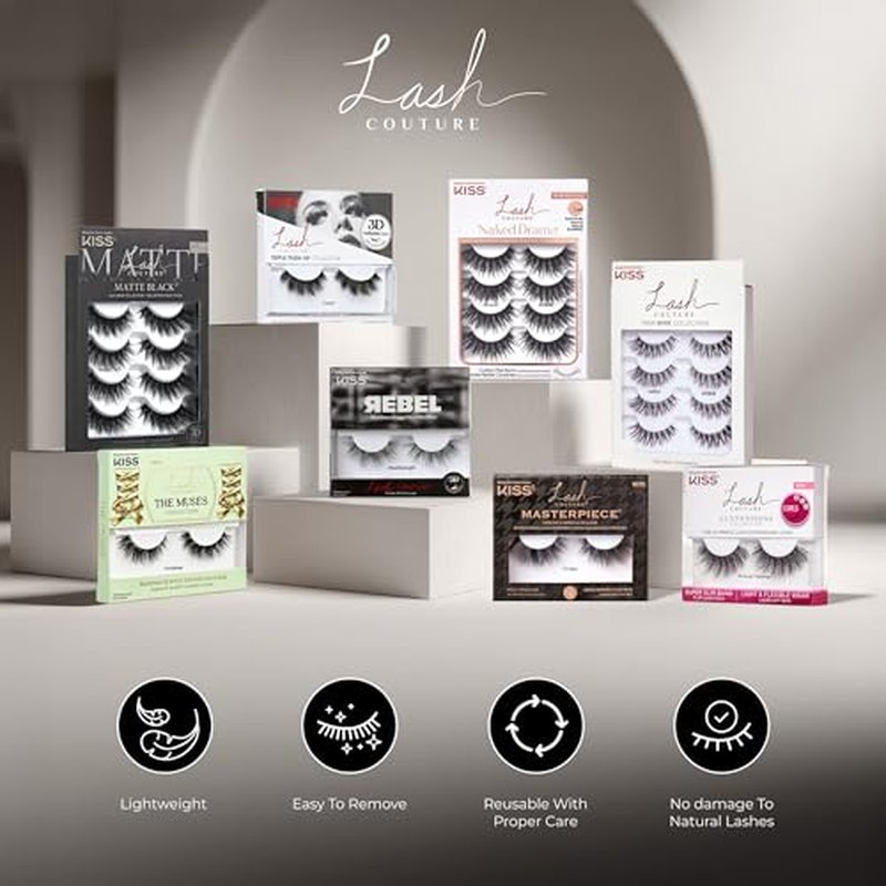 KISS Lash Couture Faux Mink False Eyelashes Multipack, ¡®Little Black Dress¡¯, 12mm, Multiple Lengths, Reusable, Cruelty Free, Vegan, Exclusive knot-free lash band, 4 Pairs