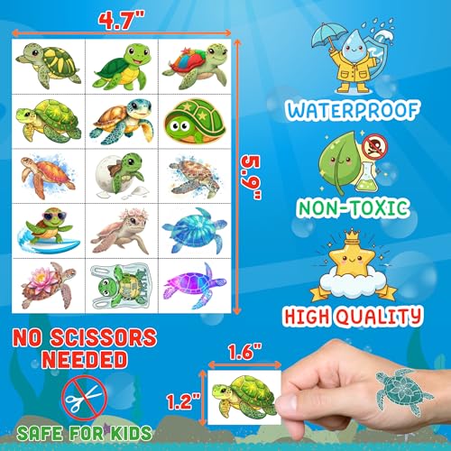 Turtle Temporary Tattoos | Under The Sea Theme Turtle Birthday Party Decorations Party Favors Supplies Accessories Stickers Ocean Theme Gift Idea For Kids Boy Girl Teen Adult 60Pcs 4 Sheets Pre-cut