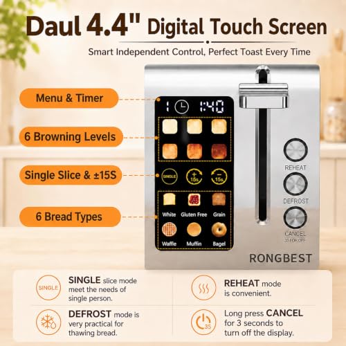 RONGBEST Silver 4-Slice Touch Screen Toaster with Wide Slots & Multiple Settings