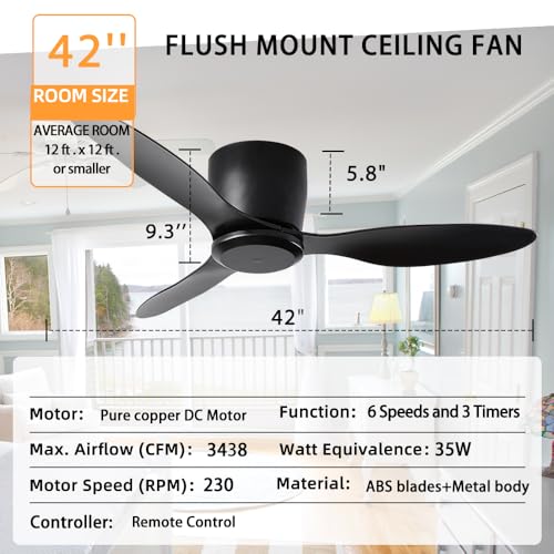 42 Inch Black Ceiling Fan No Light with Remote Control - Modern 3-Blade Reversible DC Motor