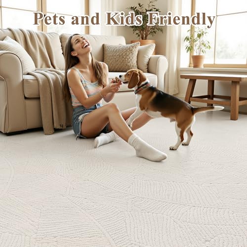 Ileading 6x9 ft Beige Tropical Banana Leaf Area Rug, Non-Slip Fluffy Carpet for Living Room & Bedroom