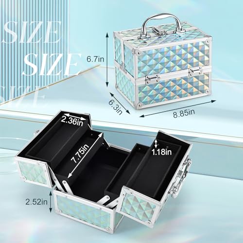 FRENESSA Shiny Blue Makeup Train Case Portable Organizer with Lock | 4-Tier Cantilever Cosmetic Box